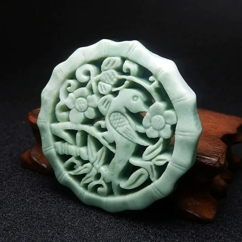 Natural Bean Green Handmade Carved Plum Blossom Jade Pendant, Fashionable Boutique Jewelry, Men's and Women's Magpie Necklace