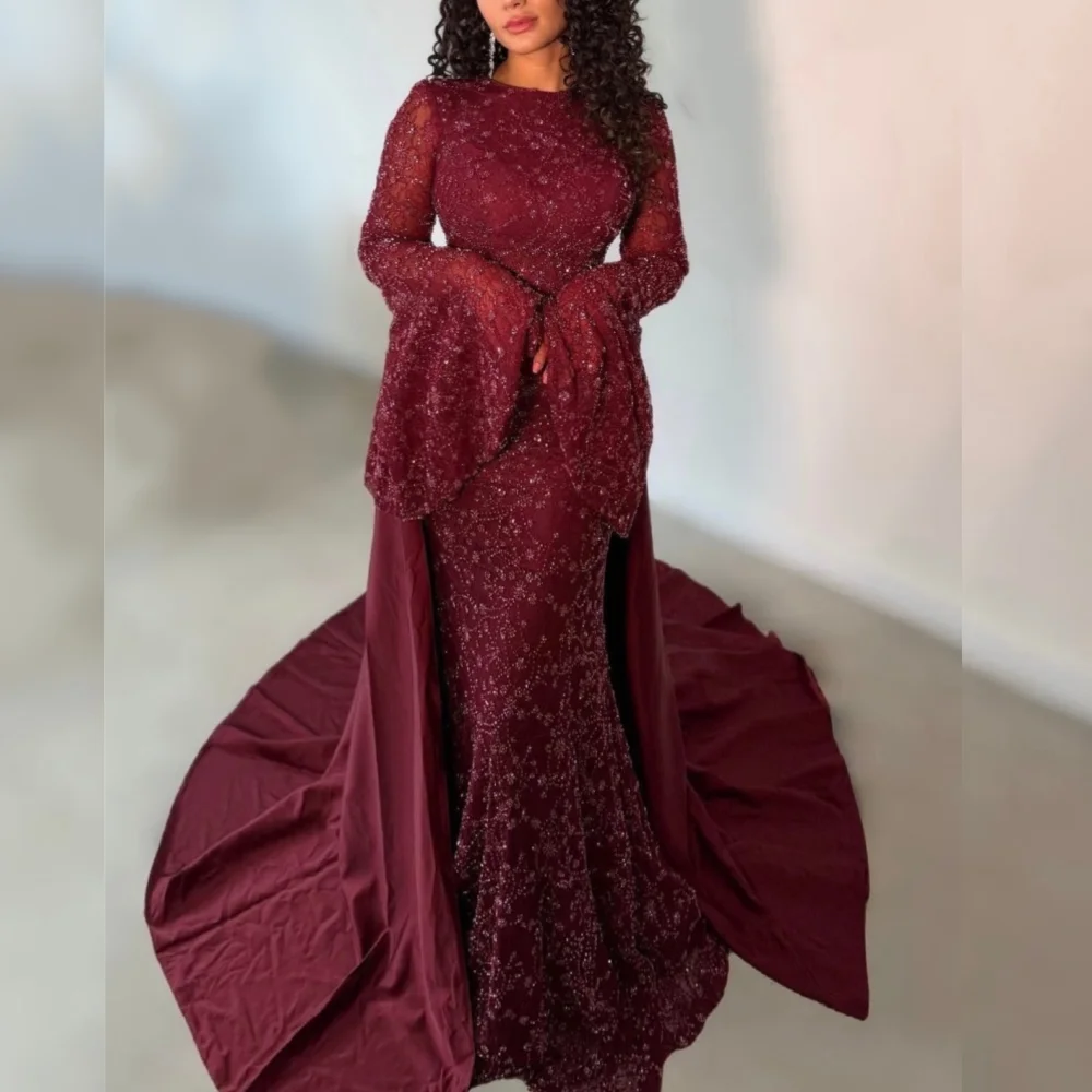 Maßgeschneiderte luxuriöse Trompetenkleider mit O-Ausschnitt, trägerloses Abendkleid für Bankette, Spitzen-Partykleid, hohe Qualität