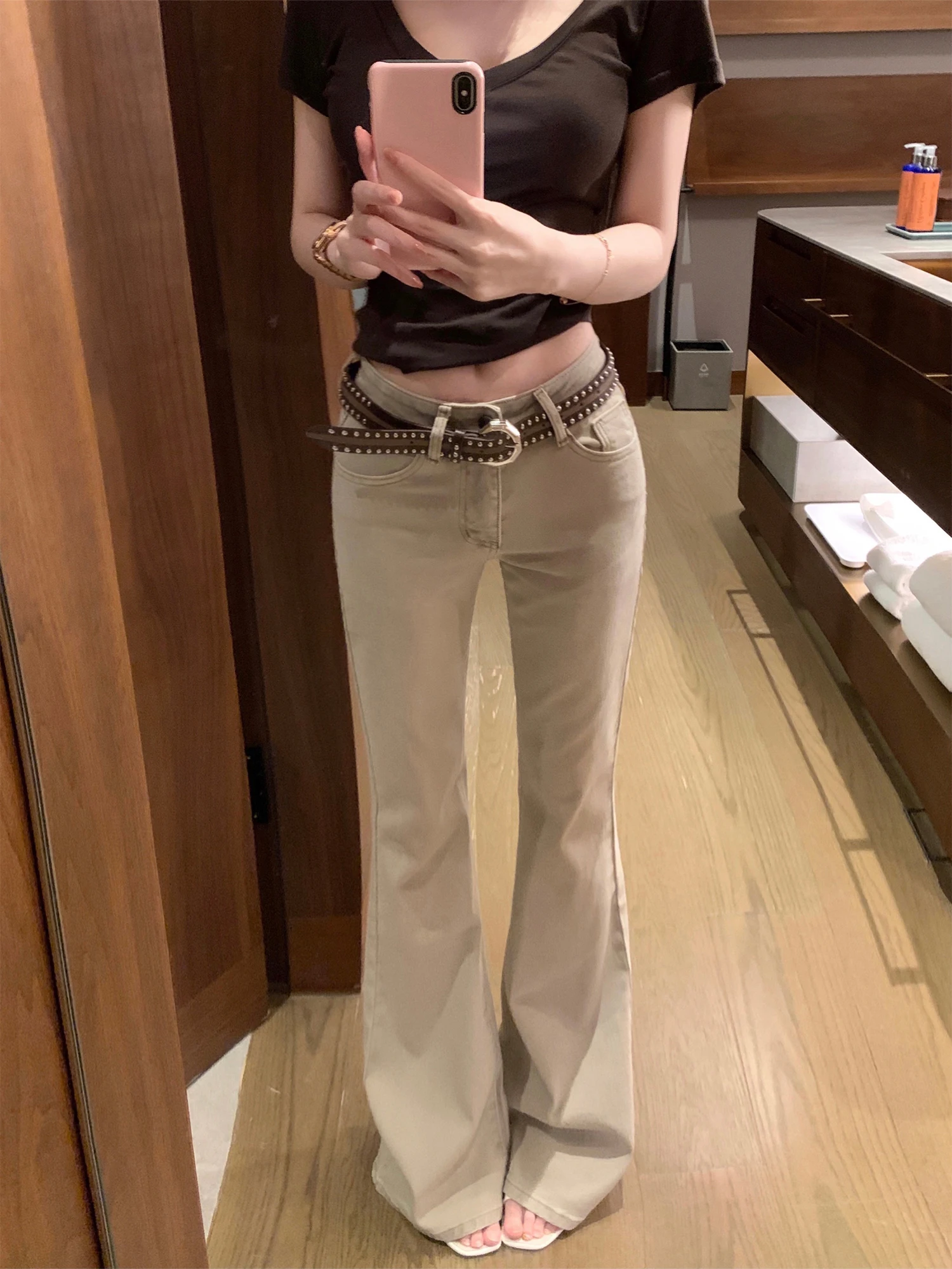 

Джинсы с низкой талией, облегающие, прямые, слегка расклешенные, из высококачественного денима, элегантный стиль, женская мода, весенний сезон