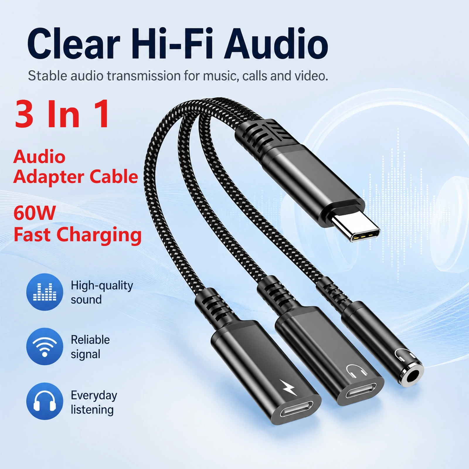 3 in 1 PD 60W Fast Charge Adapter Type C to Dual Type C/3.5mm Jack Audio Headphone Adapter Cable For Iphone16 15 Samsung