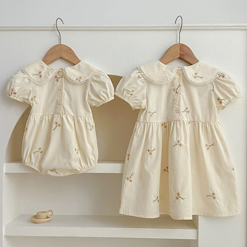 2025 New Summer Kids Princess Dresses Infant Baby Romper Short Sleeved Cotton Embroidery Baby Girl Party Dress Sister Clothing