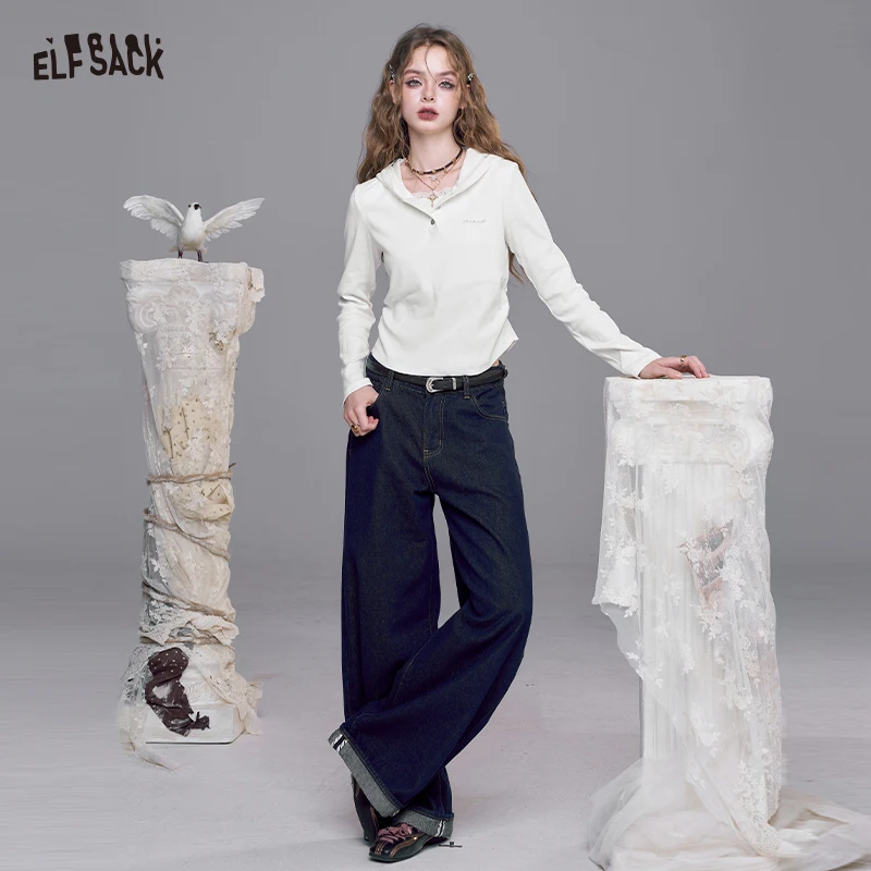 

ELFSACK 2025 Autumn New Arrivals Casual Hooded Slim Fit Long Sleeve Lace Collar T-Shirt For Woman