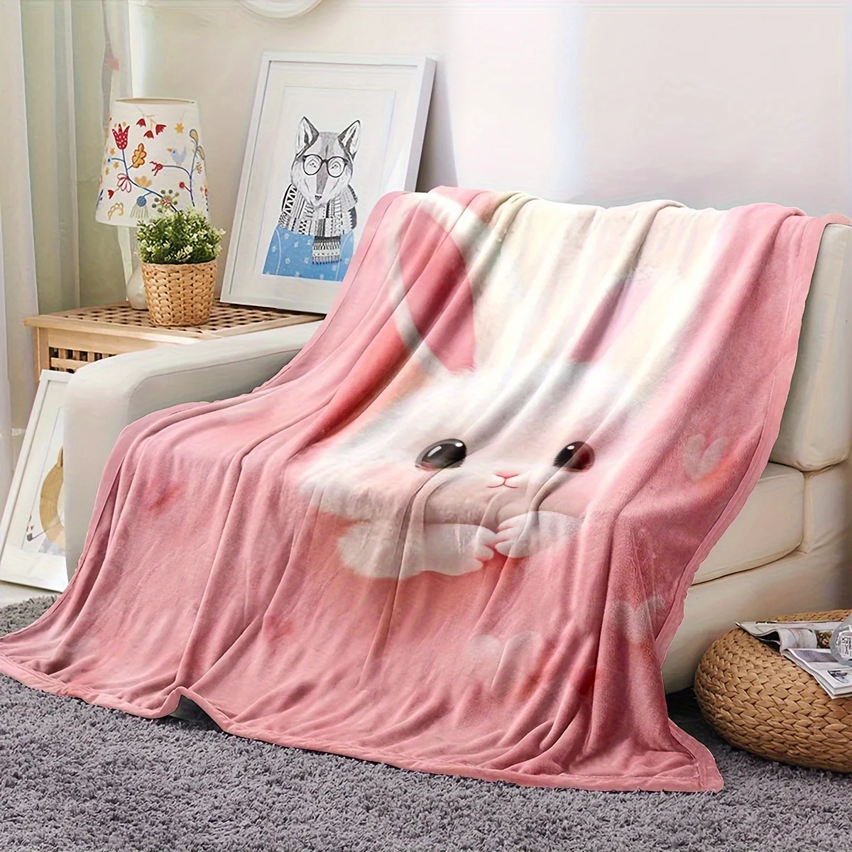 Cute Pink Bunny Throw Blanket Fluffy Rabbit Hearts Print Soft Flannel Blanket Girls Nursery Decoration