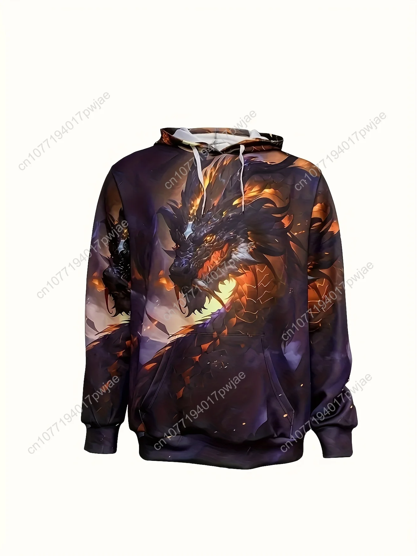 Langärmliger, atmungsaktiver Polyester-Herren-Hoodie mit lässigem 3D-Drachen-Print und Taschen, perfekt für Outdoor-Aktivitäten, geeignet für