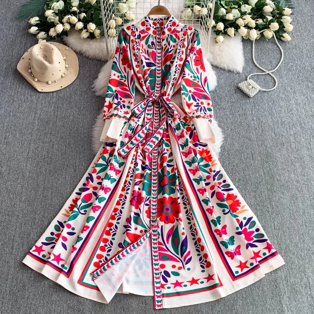 

Beach Printed Turn-Down Collar Loose Shirt Dress Women Clothes Long Sleeve Midi Dress Clubwear Casual Vacation Summer Dress