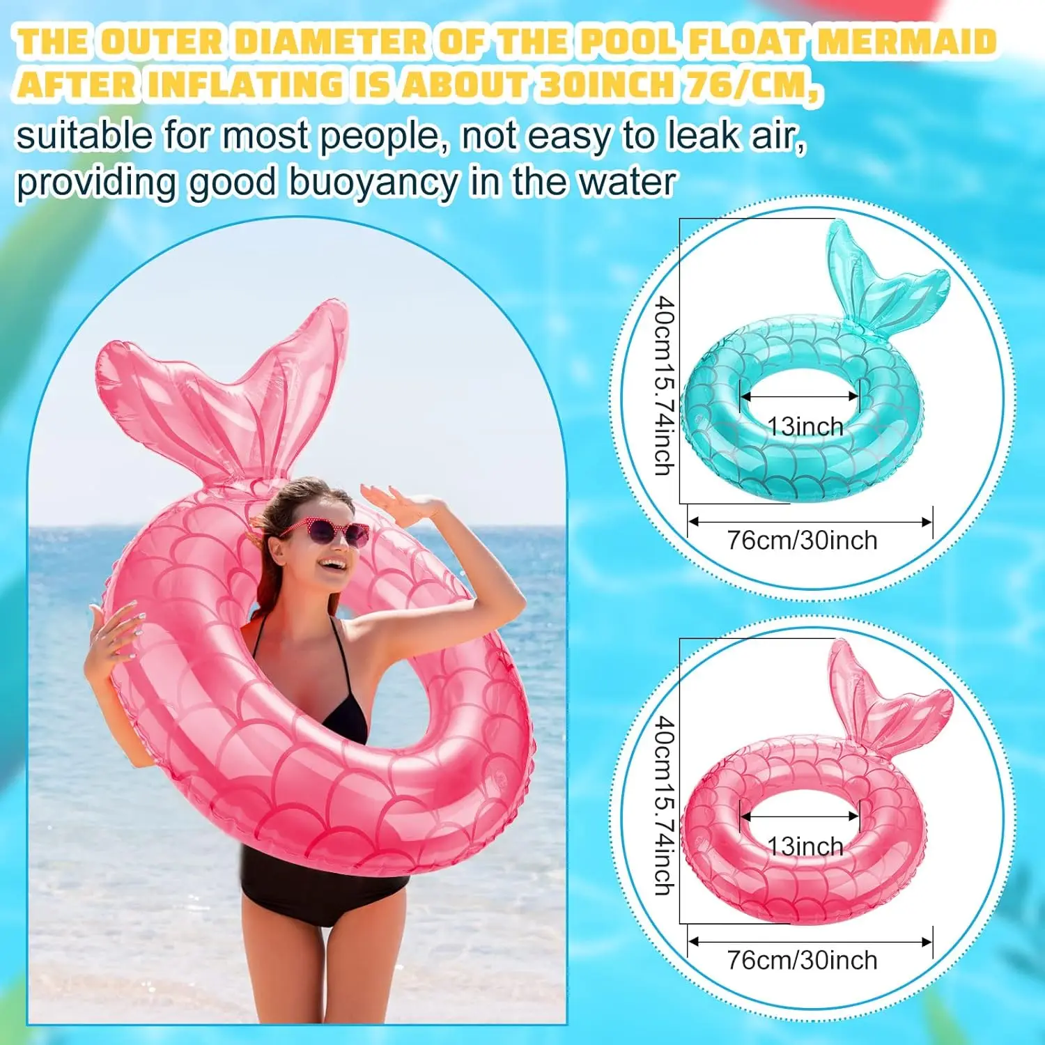 6 Pcs Mermaid Tail Pool Floaties Inflatable Swim Float Mermaid Pool Ring 30 Inch Inflatable Ring Floatie Summer Beach Pool Float