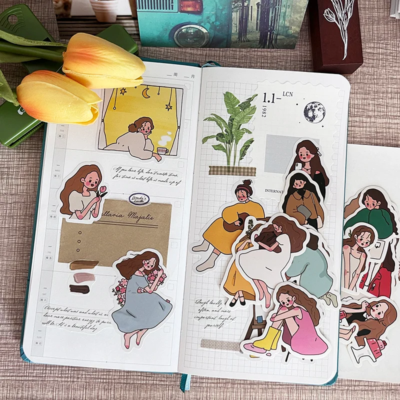 22pcs Cute Girl's Daily Notebook Sticker Material Set with  Characters Ins Wind  Salt Department of Japan Korea Decoration.