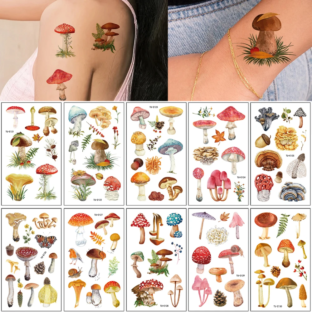 Realistic Mushroom Pattern Tattoo Stickers for Women Men Body Decor Waterproof Temporary Tattoos for Hand Leg Body Fake Tattoo