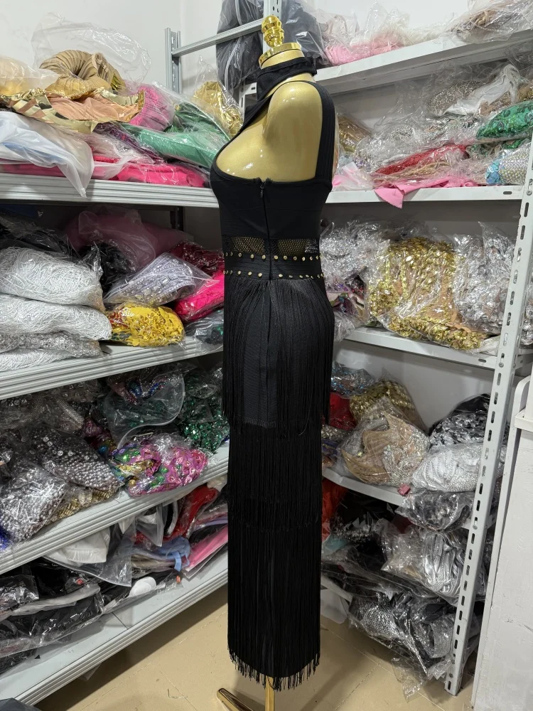 Black And White Round-Neck Off-The-Shoulder Lace Cutout Waist Long Dress With Tassel Decoration Tight Evening Party Outfit