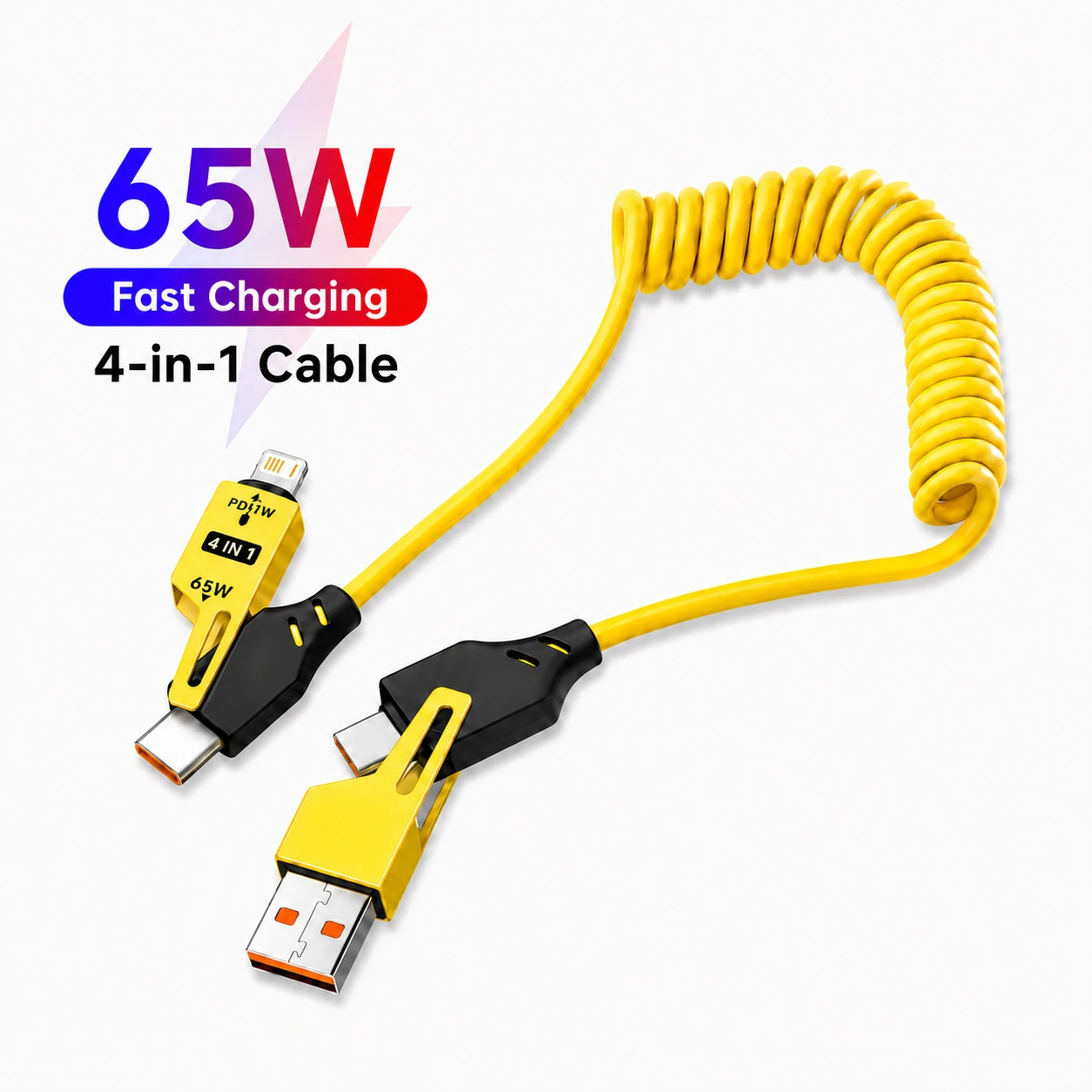 2PCS 65W 4 in 1 Coiled USB C Fast Charging Cable Type C iP Data Cord Zinc Alloy Spring Cable for iPhone Samsung Xiaomi JJ3619