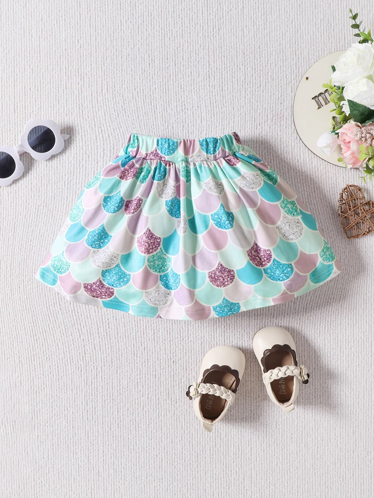 2pcs Baby Girl Summer Love Print Fly Edge Sleeve Round Neck Top Paired with Elastic Half Skirt Newborn Casual Clothing Set 6M-3Y