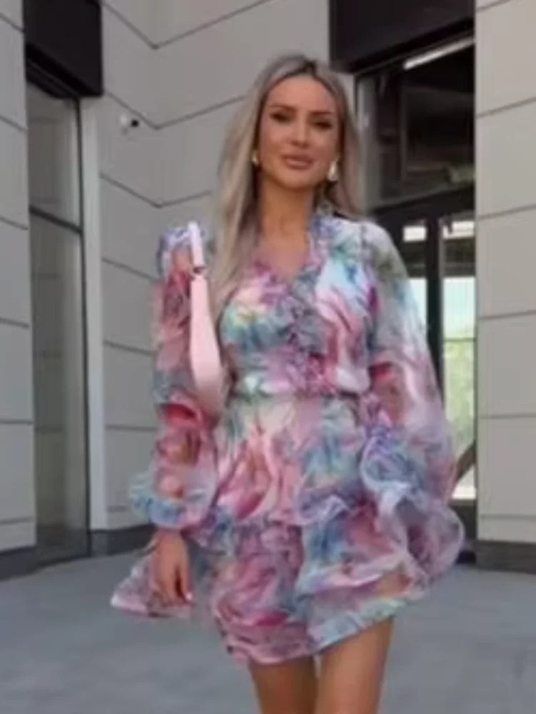 

Women Watercolor Floral Chiffon Mini Dress Boho V Neck Ruffle Tiered Ruffle Skater Dresses 2026 Lady Outdoor Vacation Outfits