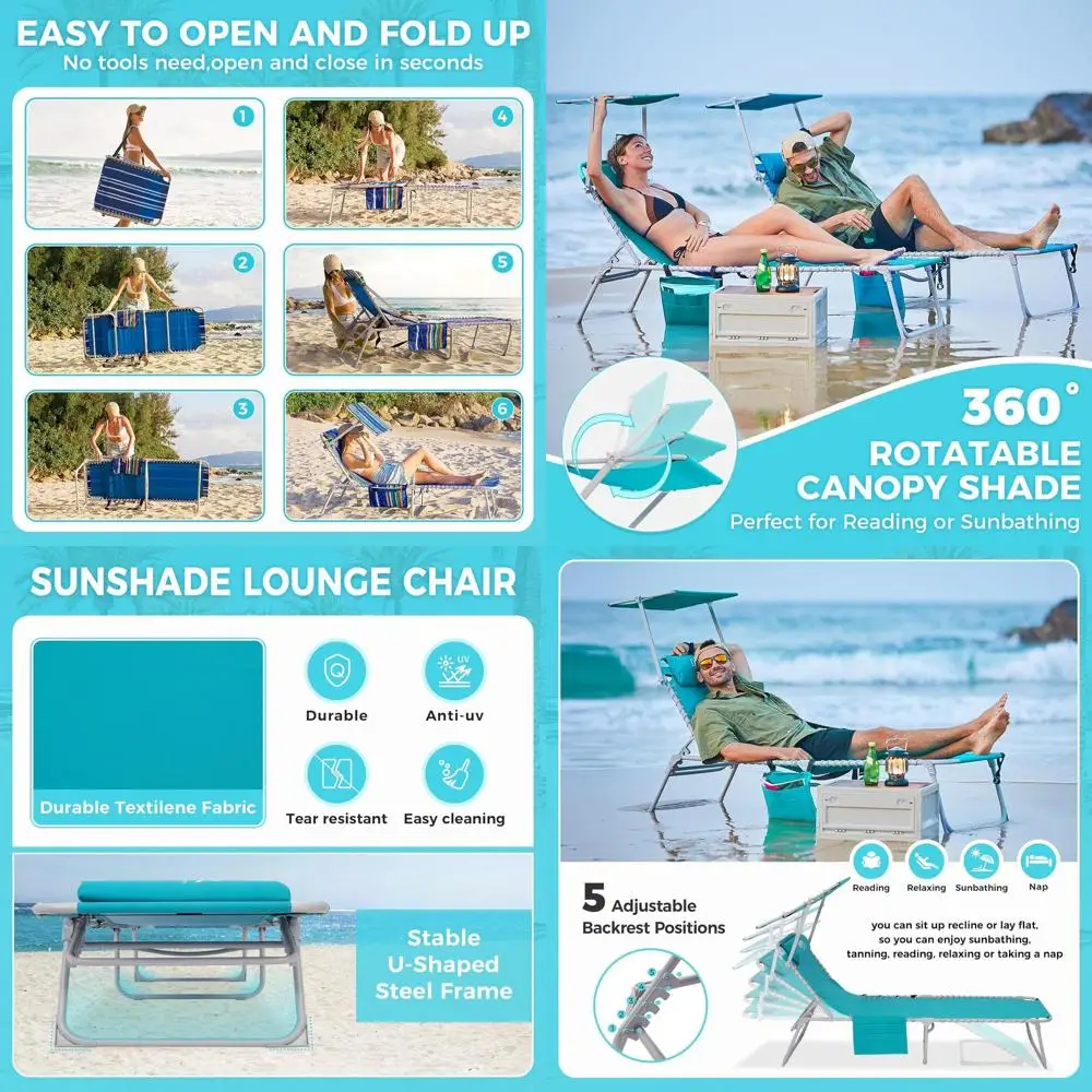 

Портативный шезлонг с 5-позиционной регулировкой, тентом, подушкой и отсеком для хранения для улицы, газона, пляжа и бассейна (синий)