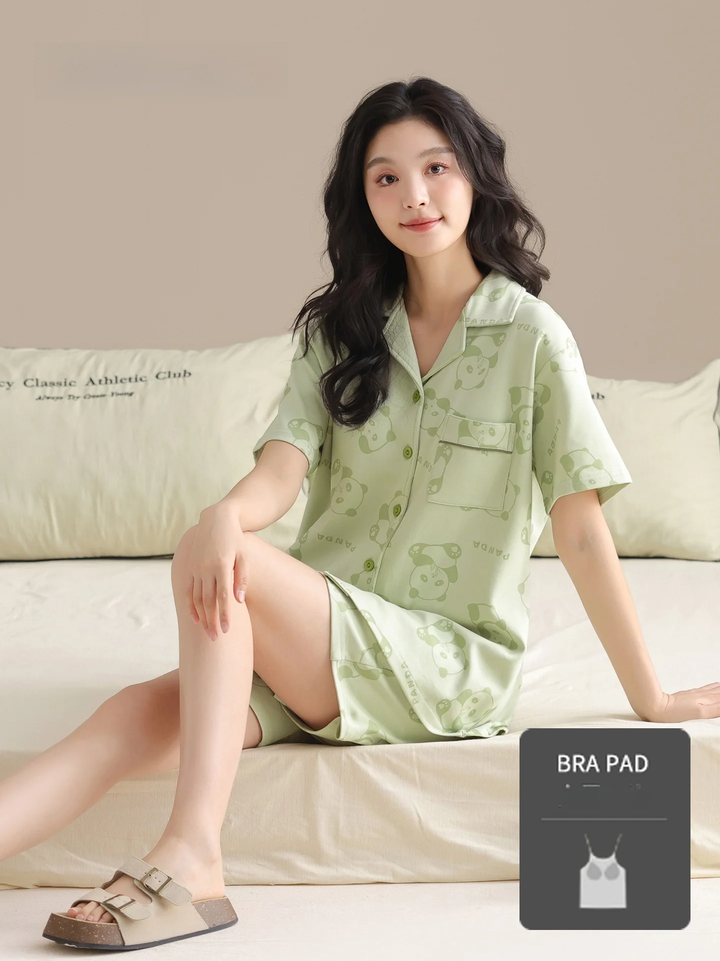 綿製パジャマ-レディース-夏用-半袖-ショートパンツ-かわいい漫画パンダデザイン-ホームウェアセット-胸パッド付き