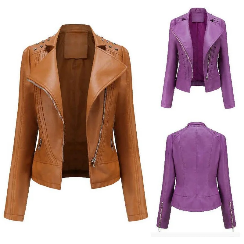 EU Size Women's Nail Bead Leather Jacket Full Sleeved Faux Leather Lapel Motorcycle Leather Tops