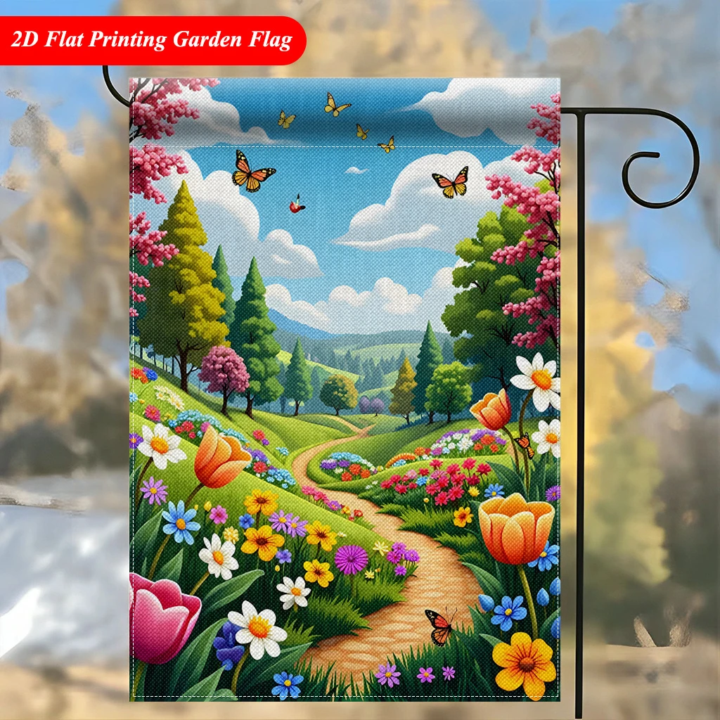 1pcs Spring Countryside Path Garden Flag 2D Flat Printed Floral Butterfly Yard Outdoor Decor Flag