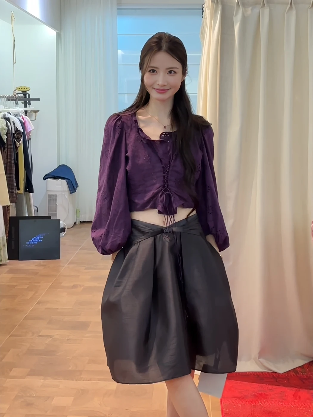 

Elegant Purple Lace Trim Long Sleeve Chiffon Shirt Women's Spring Summer New Design Shoulder Bared Short Top Fashion Sensation