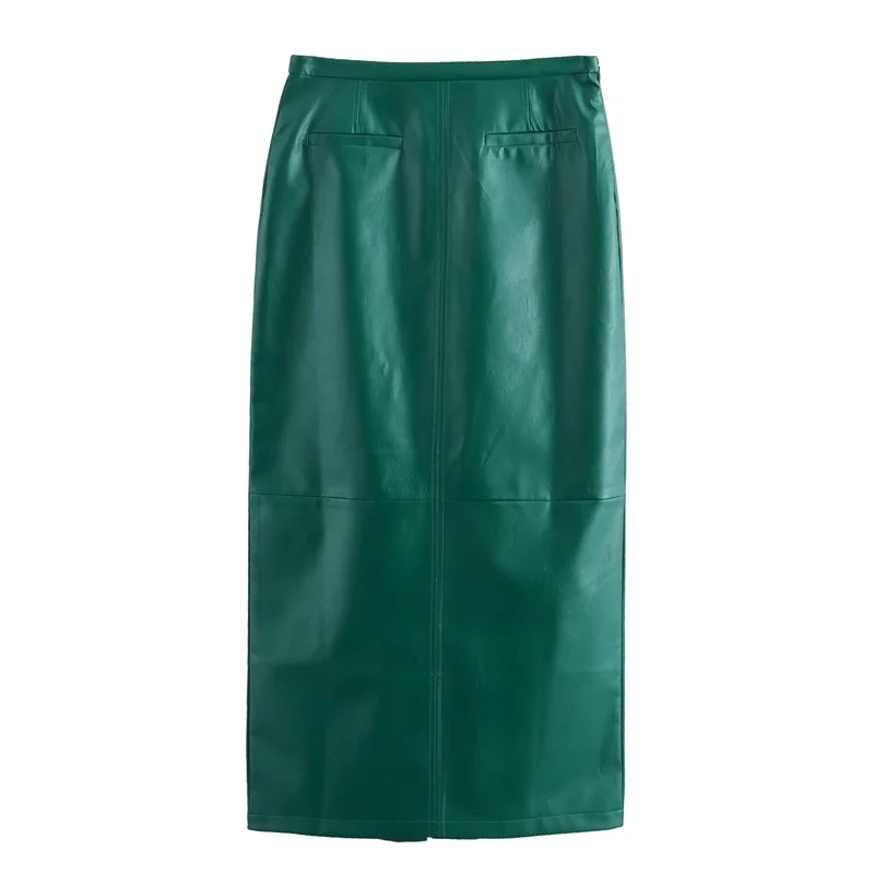 KEYANKETIAN New Launch Women\'s Dark Green Faux leather Skirt Spring Retro style Side Zipper High-waisted A-line Slit MIDI Skirt