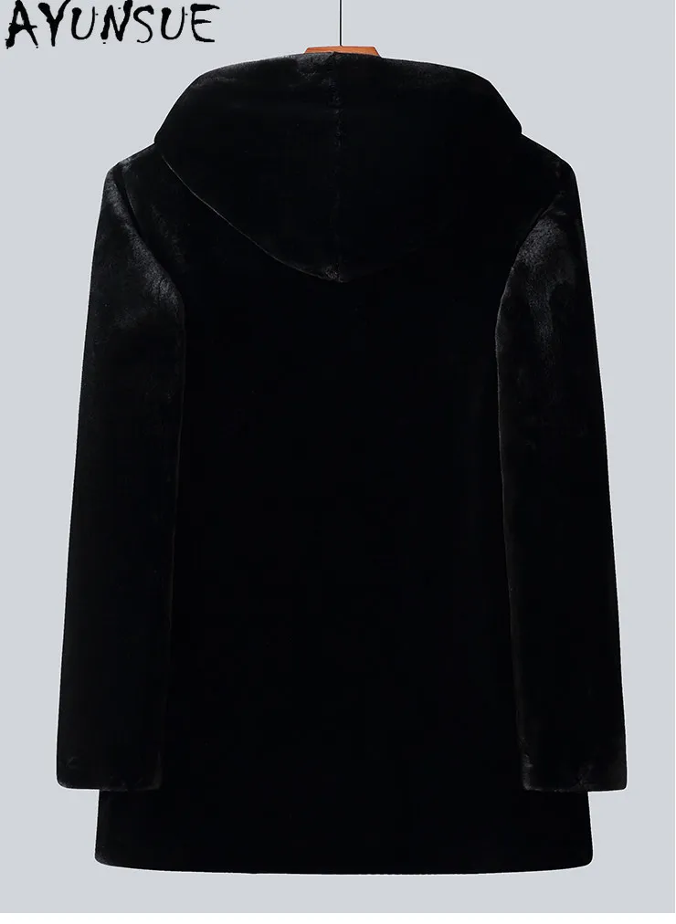 AYUNSUE Men Reversible Full Real Mink Fur Coat Luxury Winter Whole Mink Fur Jacket Natural Fur Parkas Hood Mid‑Length Outerwear