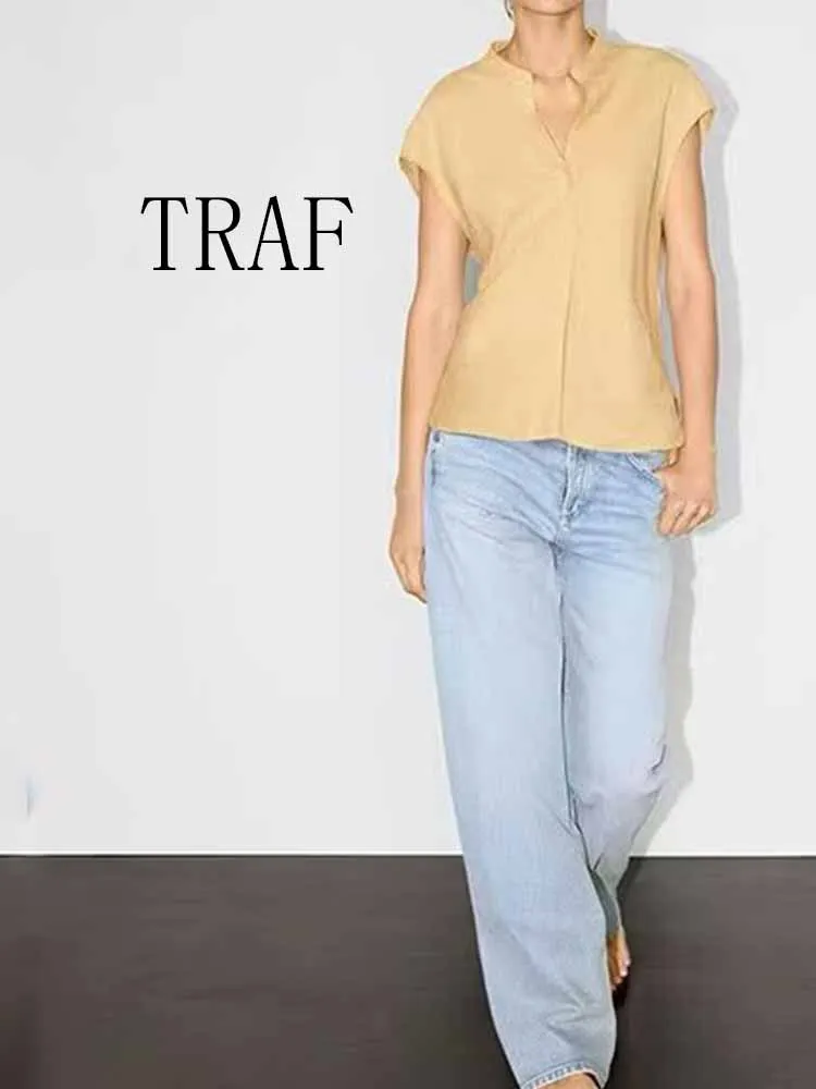 

TRAF Spring and Summer New Fashion Minimalist Old Money Style Temperament Commuter Style Linen V-neck Sleeveless Shirt Top