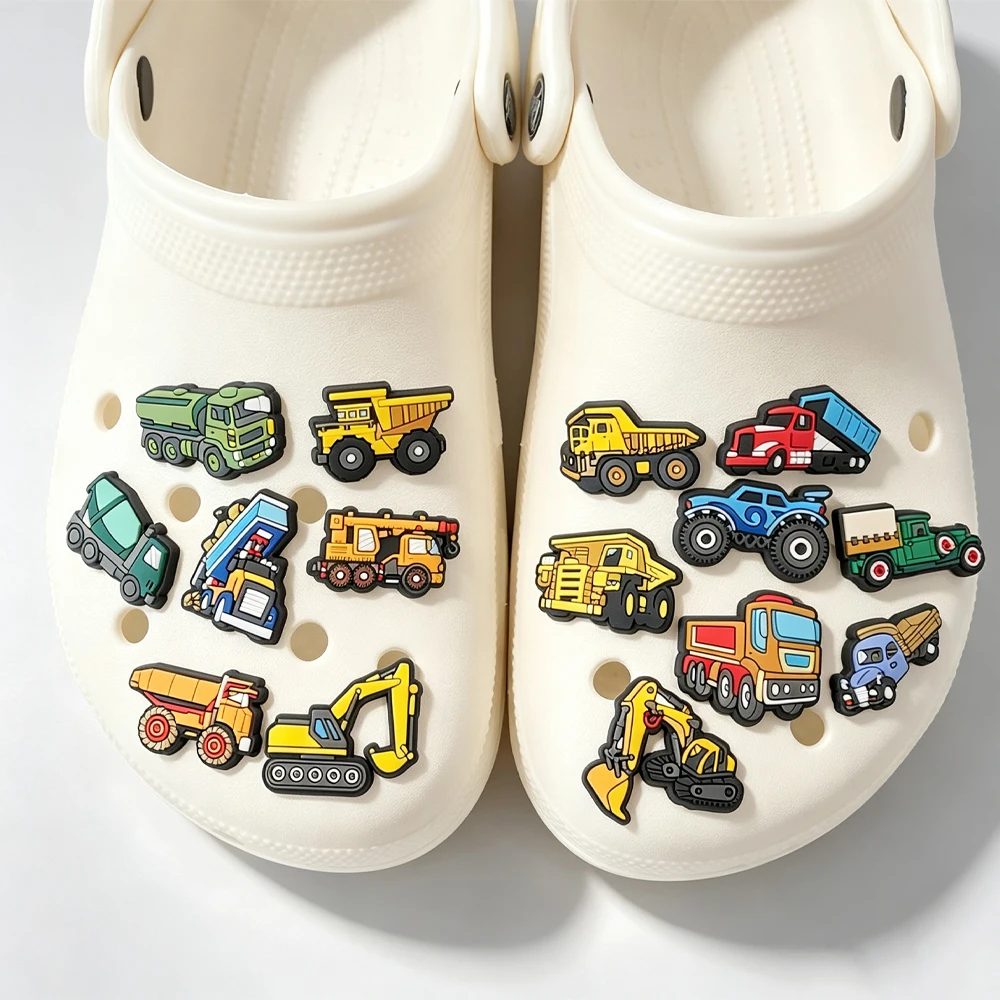 9-100PCS Mixed Construction Vehicles Police Car Motorcycle Shoe Charm PVC Decor Buckle Clog Wristband Detachable Waterproof Gift