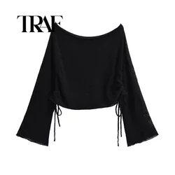 TRAF Elegant Drawstring Folds Knit Summer Sunscreen T Shirt Women Slim Perspective Long Sleeve Tees Women Ladies Streetwear