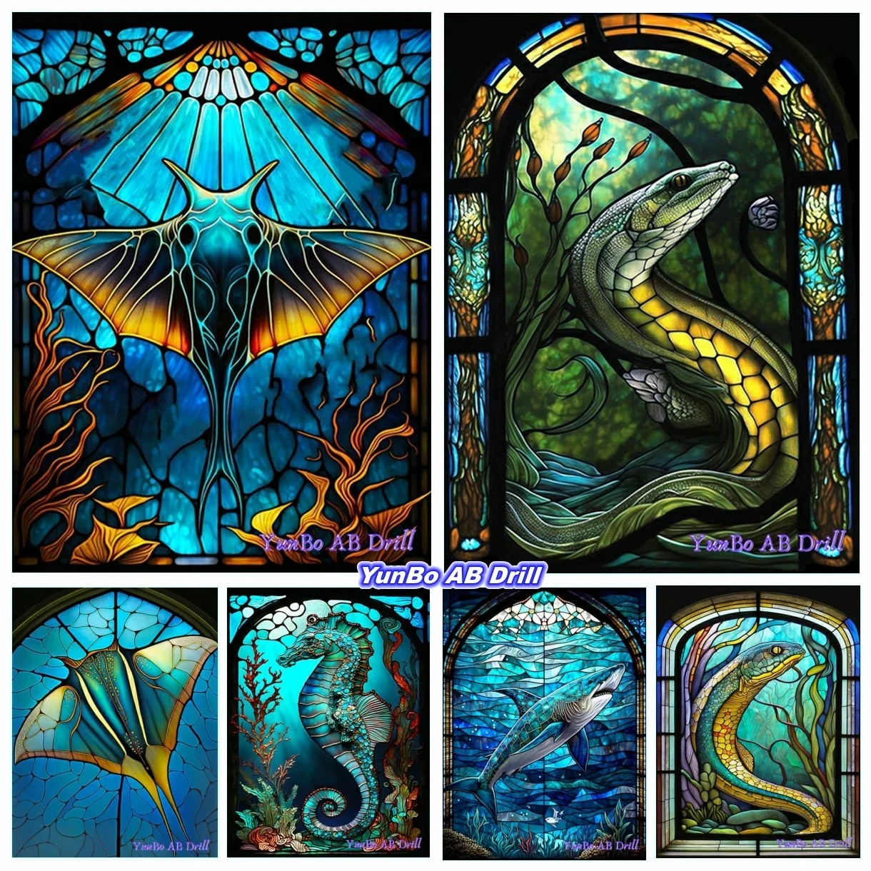 AB Drill Stained Glass Marine Animal DIY Full Diamond Painting Kits Wall Home Decor Seahorse Eel Shark Crafts Rhinestone Mosaic