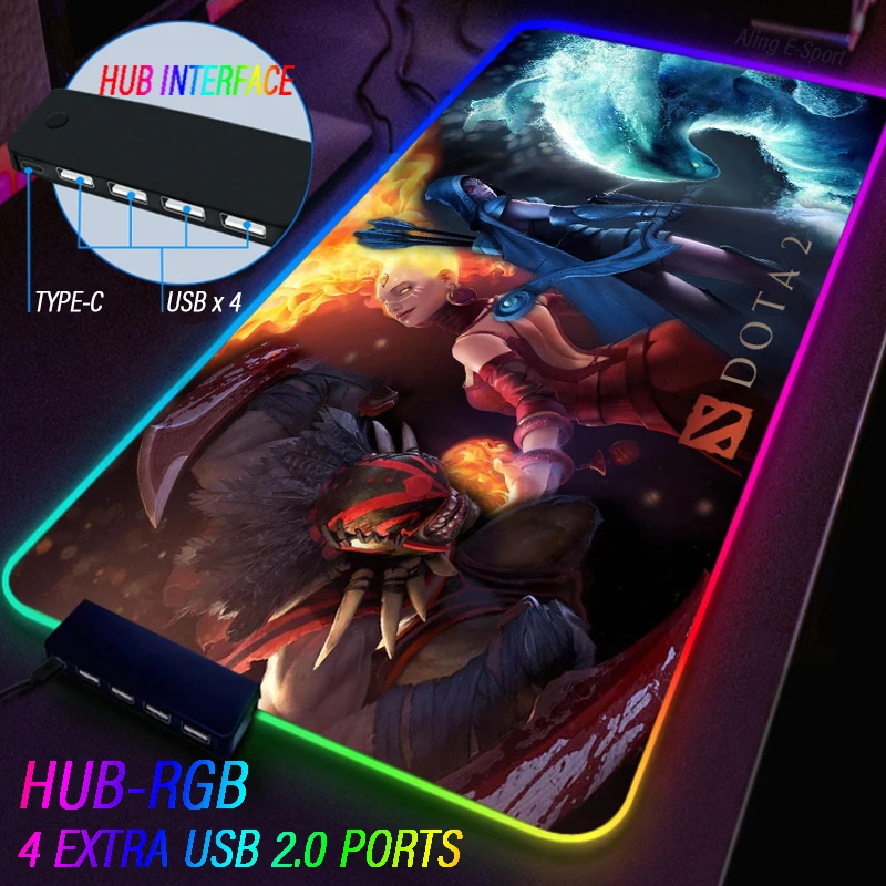 DOTA2 Gaming Keyboard RGB Luminous Mouse Pad Shadow Fiend Wide Huge Table Rug HUB 4 Port USB Mat Waterproof Customization Carpet