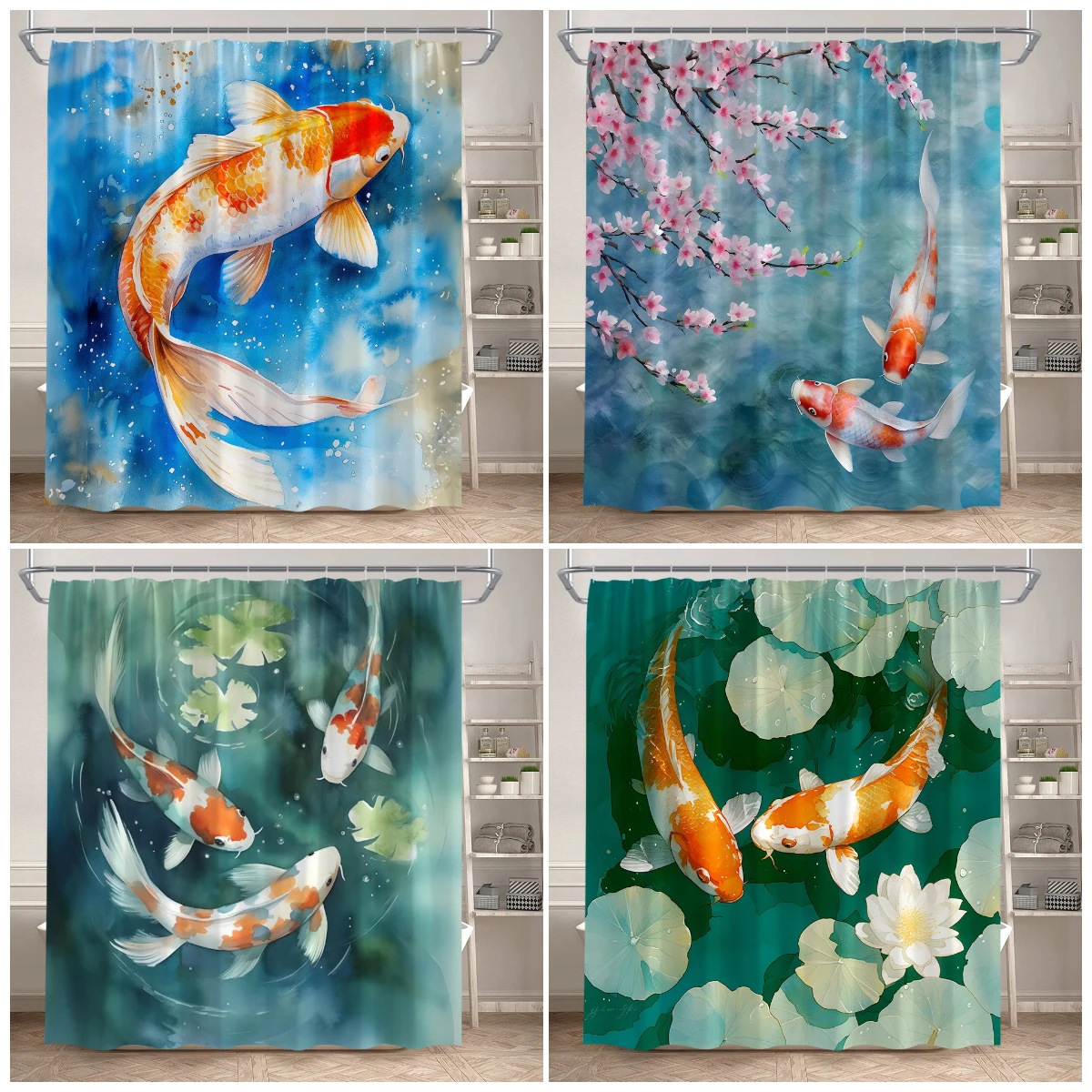 

Pink Cherry Blossom Koi Fish Shower Curtains Watercolour Floral Lotus Leaves Carp Japanese Style Bathroom Curtain Set Home Decor