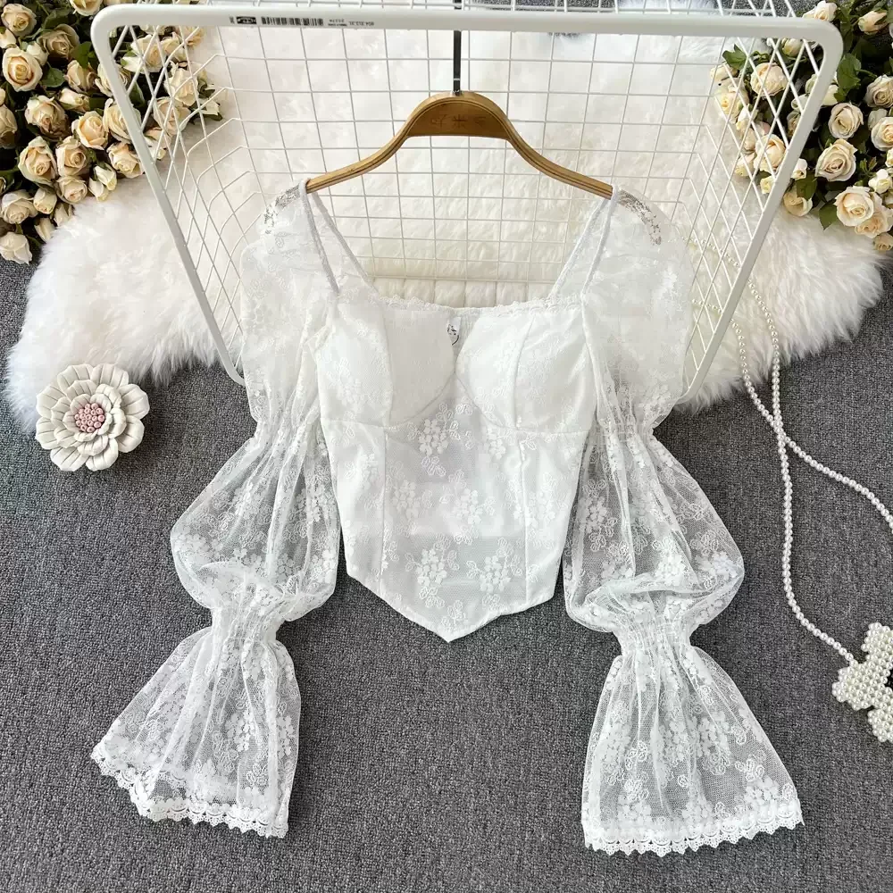 Chic Square Neck Vintage Long Flare Sleeve Elegant Lace Hook Flower Hollow Slim Top French Streetwear High Street Autumn Blouse