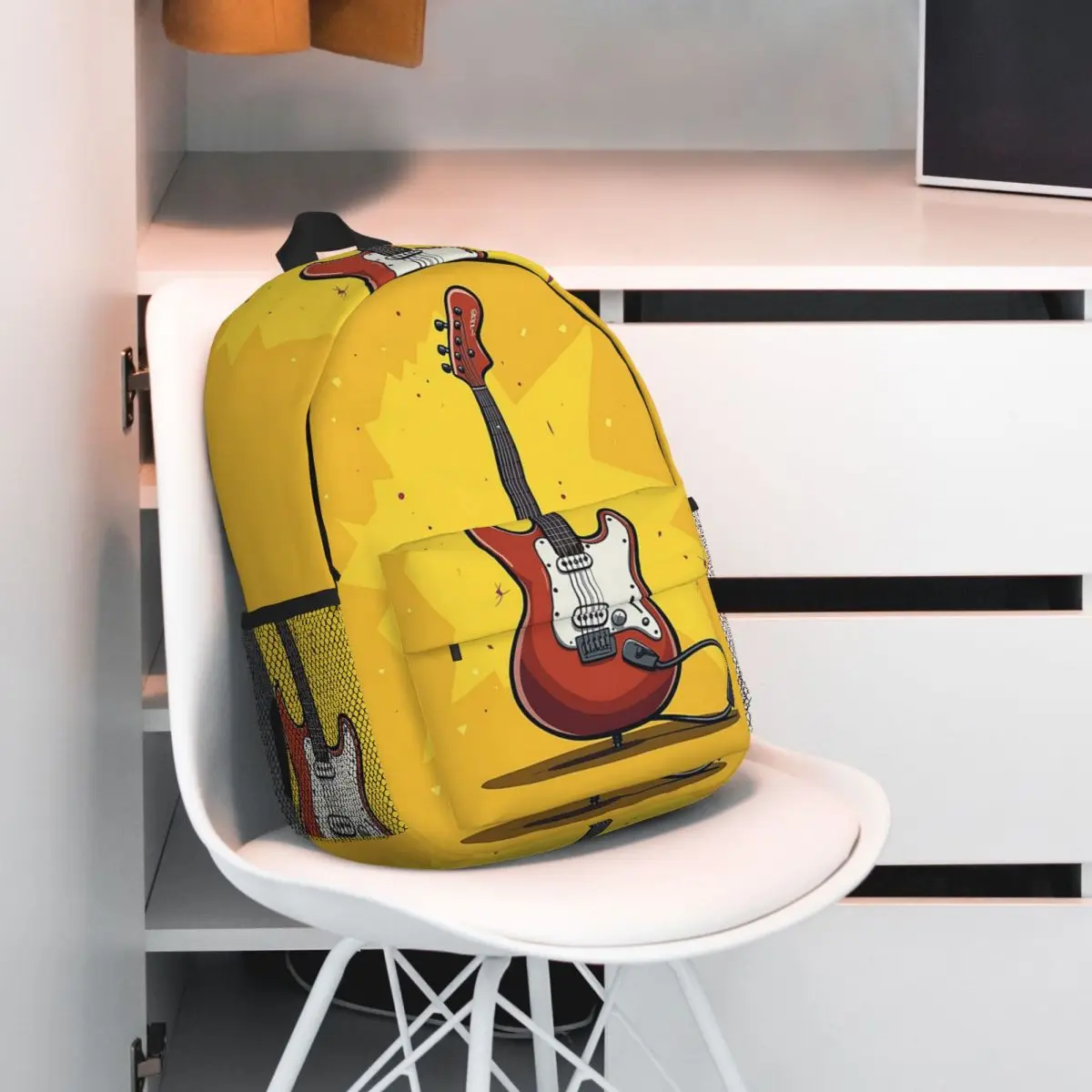 Red Cartoon Electric Guitar Backpack Student BookBag Kids School Bag Laptop Shoulder Bags for Men Women