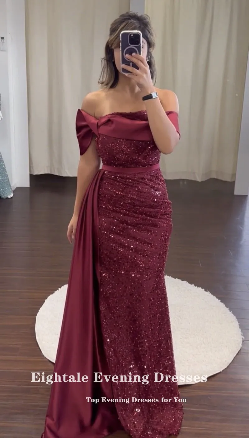 Eightale Luxury Evening Dresses Arabic off Shoulder Satin Burgundy Custom Made Color and Size Mermaid Prom Wedding Party Gown