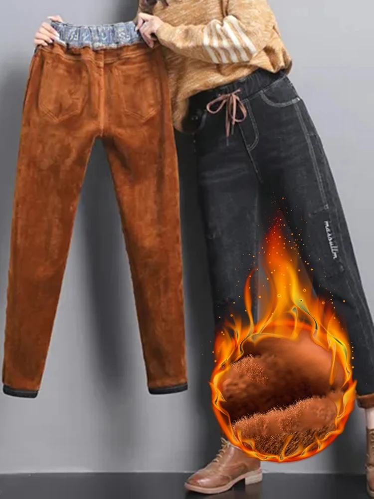 Winter Plush Lined High Waist Harem Jeans Big Szie 80kg Lace Up Denim Pants Vintage Thicken Vaqueros Warm Baggy Kot Pantolon