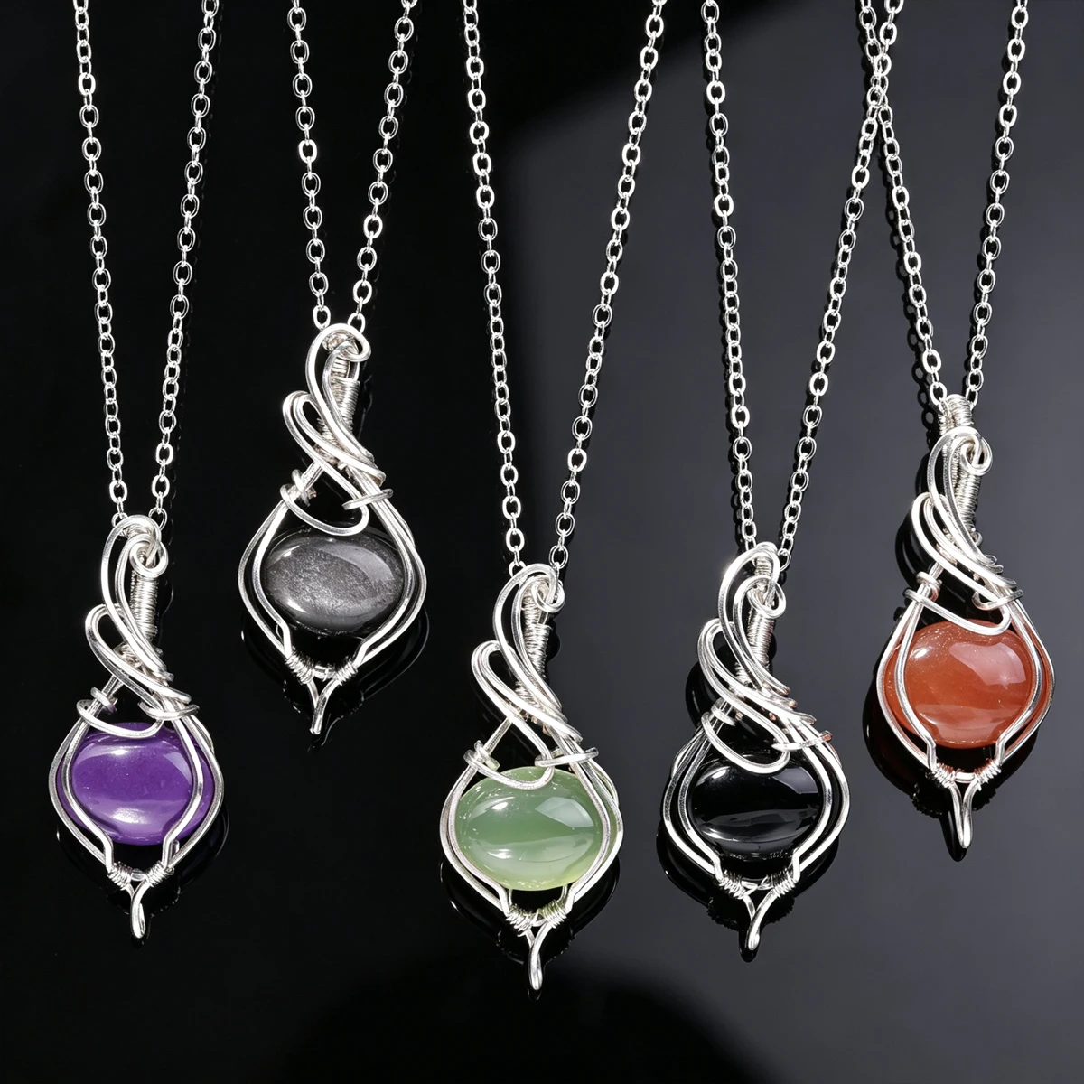 Women Gemstone Pendant Copper Wire Wrapped Labradorite Jewelry  Obsidian Peacock Sunstone Necklace With Chain Box