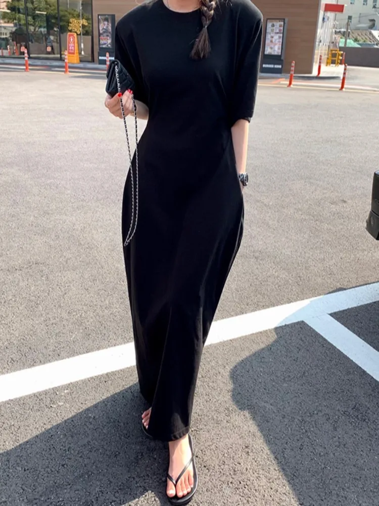 

Casual ort Sve T-irt Long Dr Women Summer Thin Waist Side Body Concealing Slimming Knee-Length Pure Cotton Dr