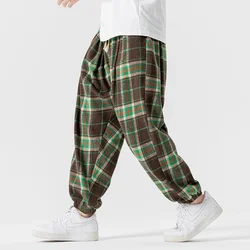 Retro Plaid Pants Men Fashion Fleece Pants Male Elastic Waist Thicken Casual Harajuku Style Sweatpants Mens Baggy Loose Trousers