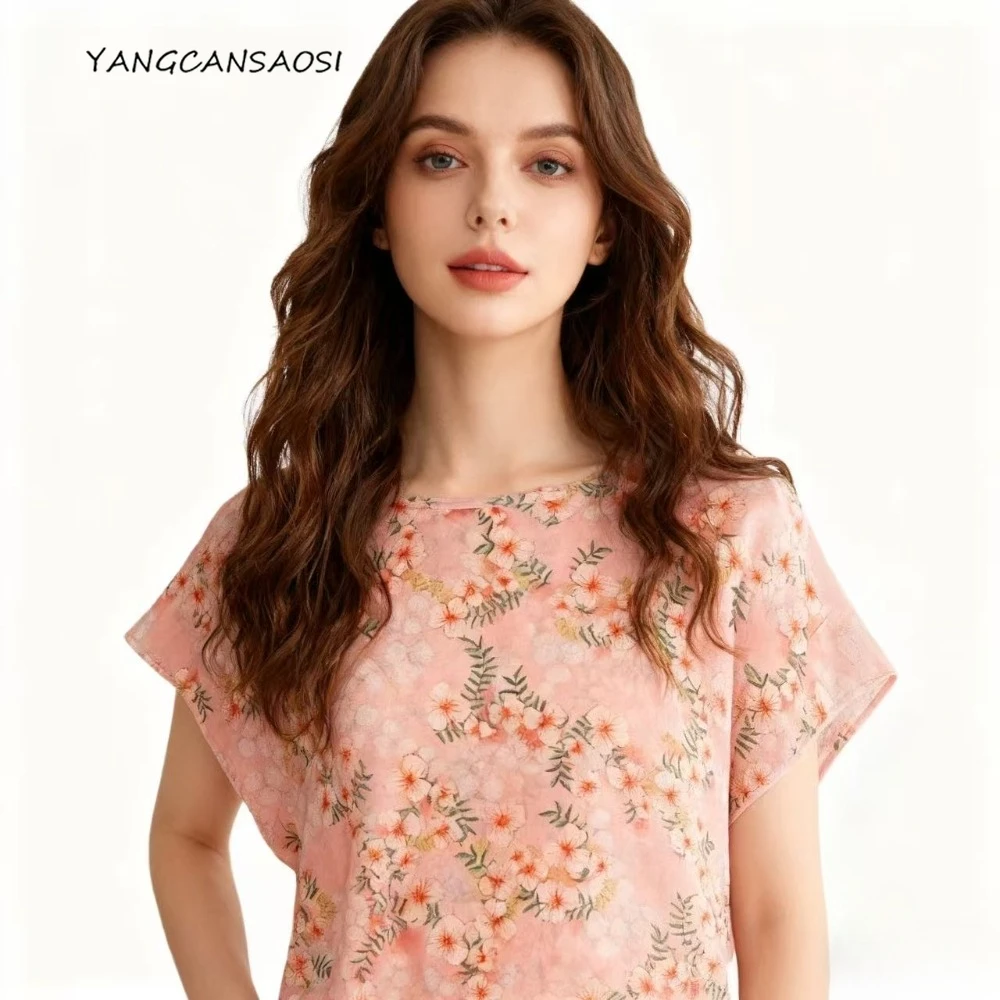 

Women's Casual Clothing 100% Natural Mulberry Silk Crepe De Chine Pink Printed Round Neck Short-sleeved Versatile Casual T-shirt
