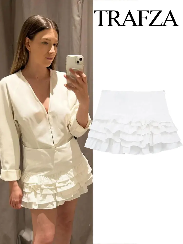 

TRAFZA 2024 Women's Summer Retro White High Waist Ruffle Mini Skirt Fashion Zipper Pleated Slim Fit Women's Sweet Mini Skirt Y2K