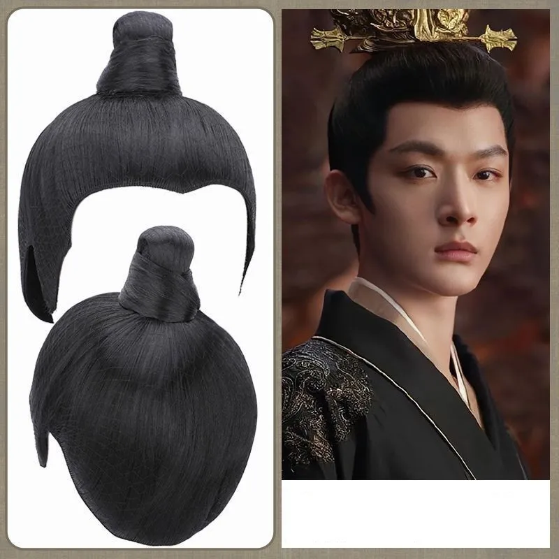 Black Men's Whole Head Cover Hair Chinese Ancient Dynasty Warrior Swordsman Cosplay Headwear Hanfu TV Movie Play