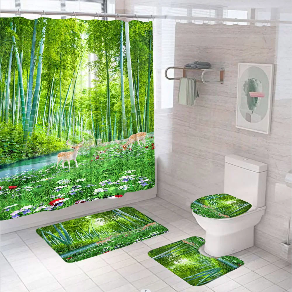 

Sika Deer Wild Flower Shower Curtain Sets Bamboo Forest Waterproof Bathroom Curtains 4Pcs Non-Slip Rug Toilet Lid Cover Bath Mat