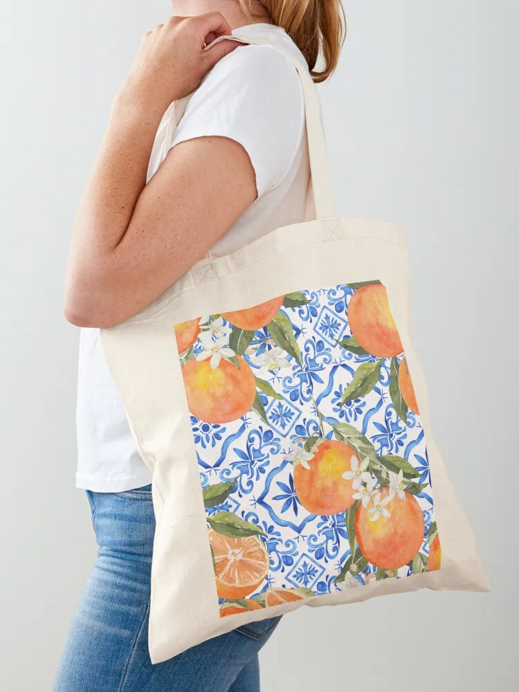 Oranges on Blue Tiles Tote Bag shopping cart bags large tote bag tote bag screen