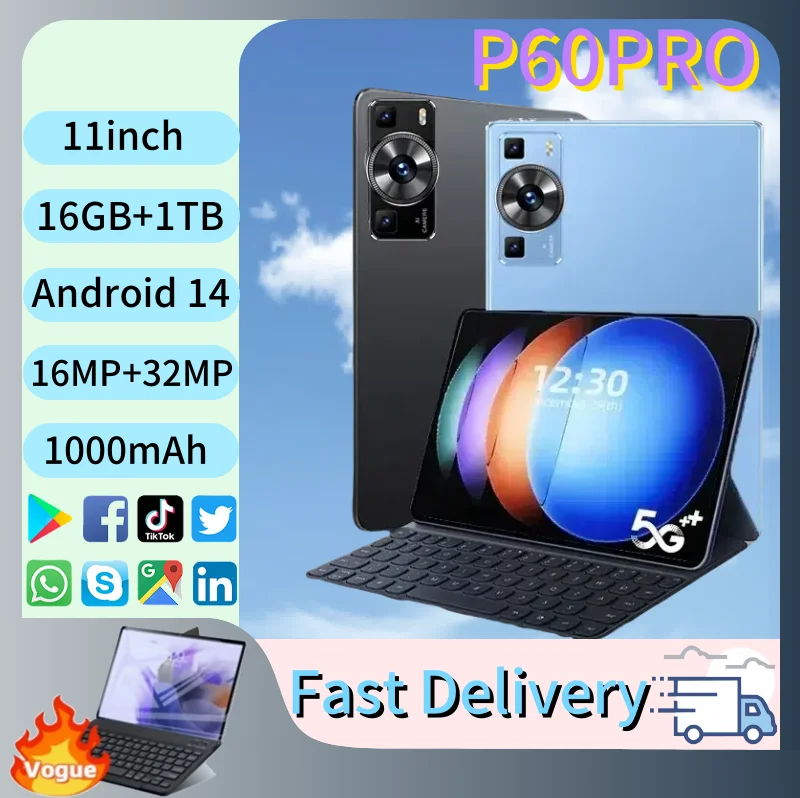 

Global Edition P60 Pro Tablet Android 14 16GB+1TB 11-inch Snapdragon888 5G Dual SIM Phone WIFI HD 4K Popular Full-Screen Tablets