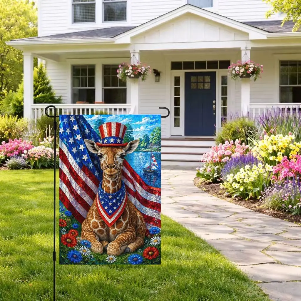 4th of July Giraffe Garden Flag 12x18 Inch Double Sided Welcome American Patriotic Memorial Day Independence Day Small Mini  kkz