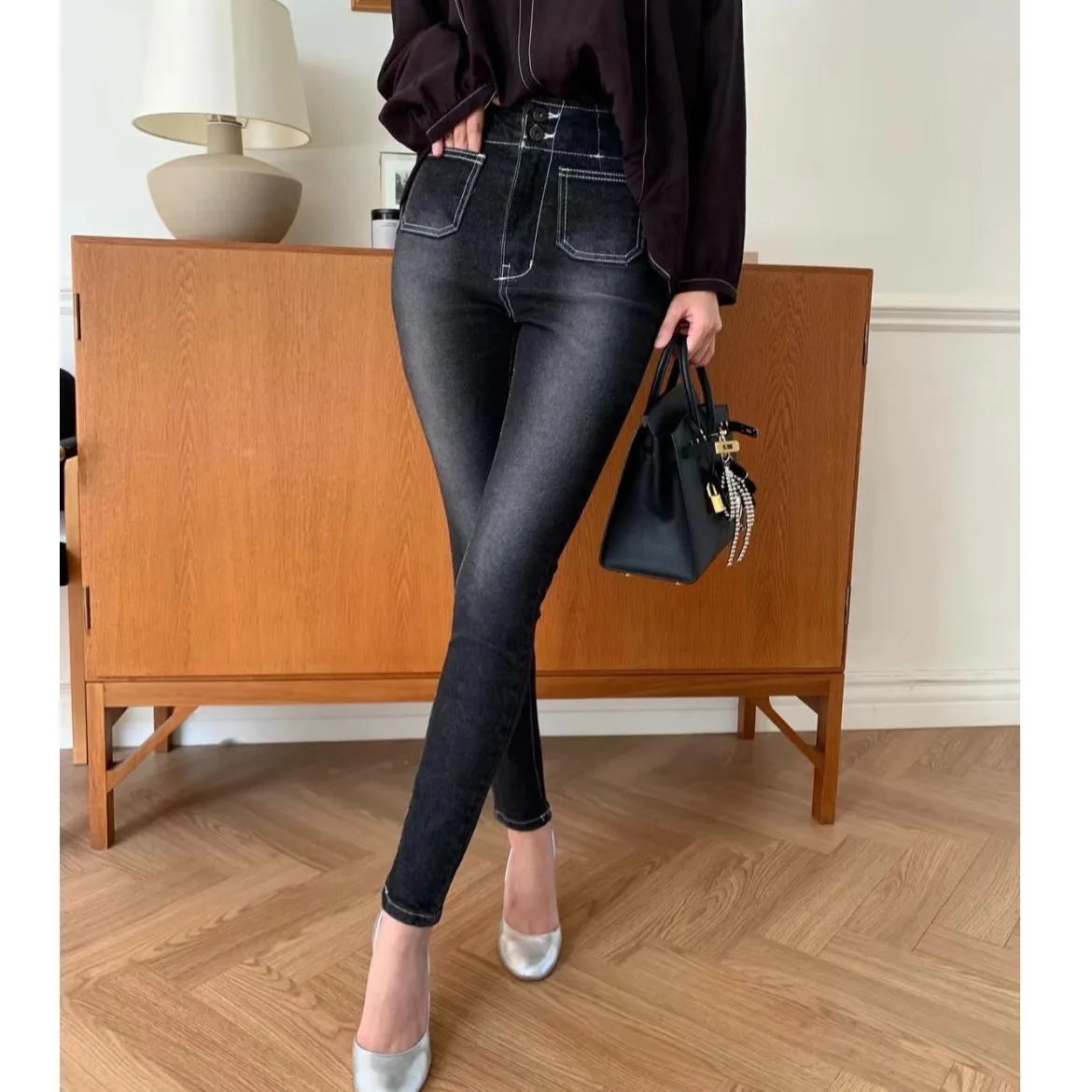 East Gate Sexy Slimming Leg Water Washed Faded High Waist Double Buckle Highlighted Skinny Jeans Nine Point Denim Pants