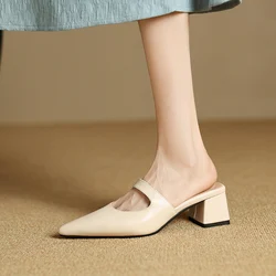 Summer Sandals  Pointed Toe Mules Elegant Ladies Spring Vintage Med Heel Shoes Beige Silver Women Mullers Size 32-43