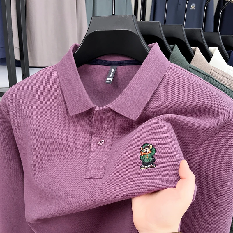 

Man Luxury Original Autumn Hot 100%cotton Long Sleeves Polo Shirt British Style Lapel Tops Bear Embroidery Business Fashion Wear