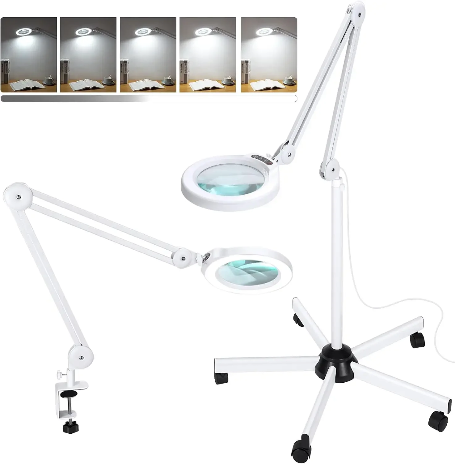 15X Magnifying Glass with Light and Stand, Super Bright 2,200 Lumens LED Magnifying Floor lamp with 5 Wheels Rolling Base, 5 Col
