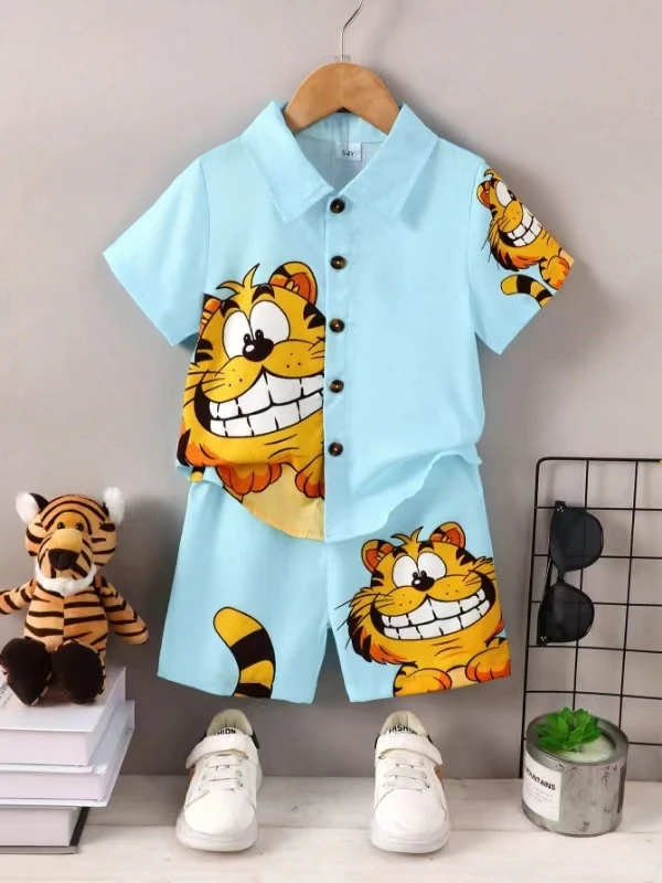 2PCS Summer Kid Boy Gentlemen Clothes Set Cartoon Pattern Lapel Collar Top with Shorts Birthday Party Wear for Toddler 1-6 Years