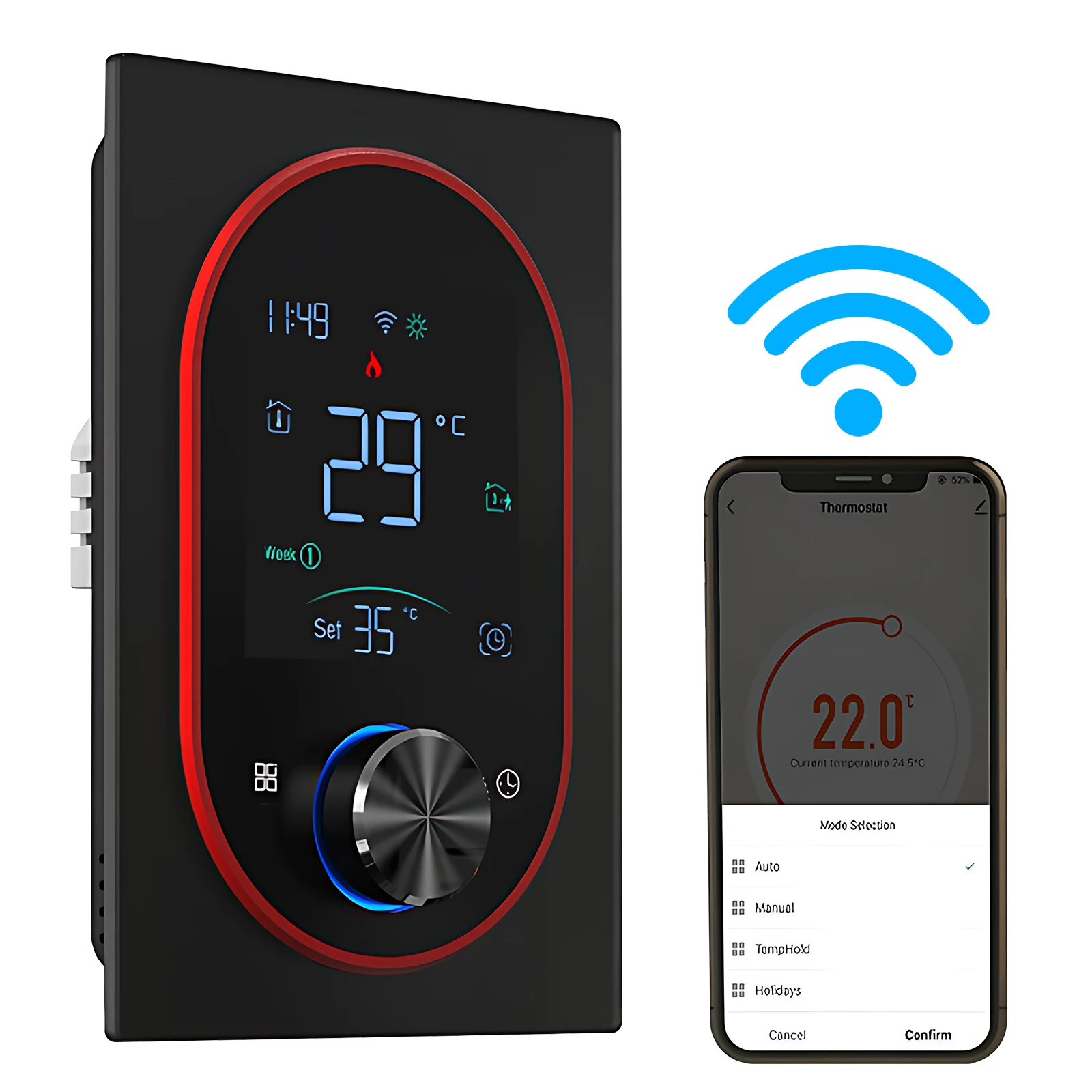 

Smart AC Thermostat VA Digital Touch Screen Adjustable Knob 5+1+1 Weekly Programming Manual Auto Holiday Mode for House