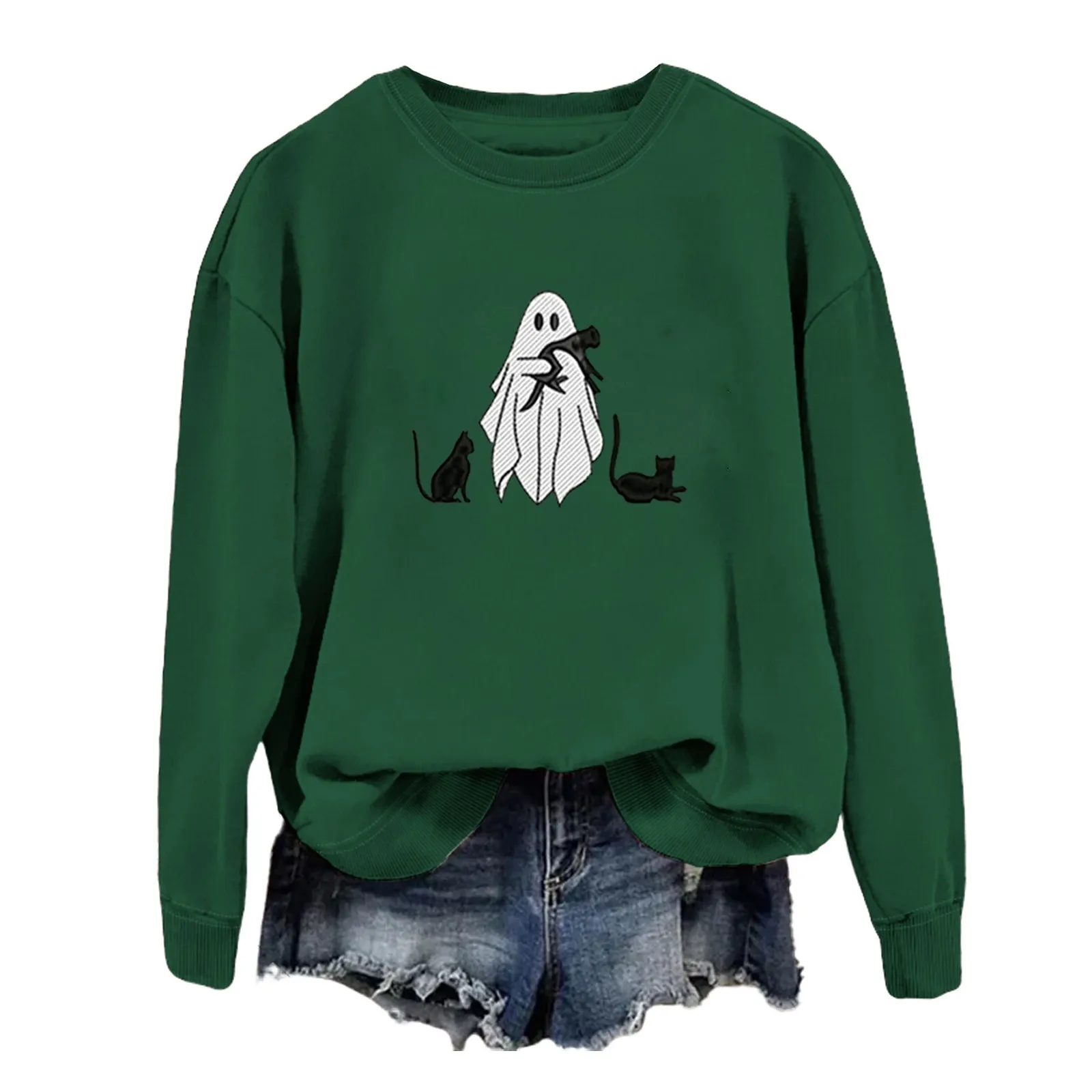 

Ladies Halloween Fun Ghost Cat Print Hoodie Solid Color Crew Neck Long Sleeve Casual Warm Jumper Winter Fashion Sweatshirt